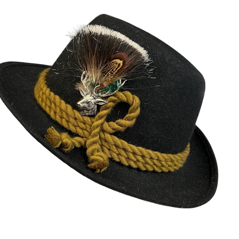 Vintage Seeberger Alpine Tyrolean Hat Black Wool Felt Braided Trim Stag Feather